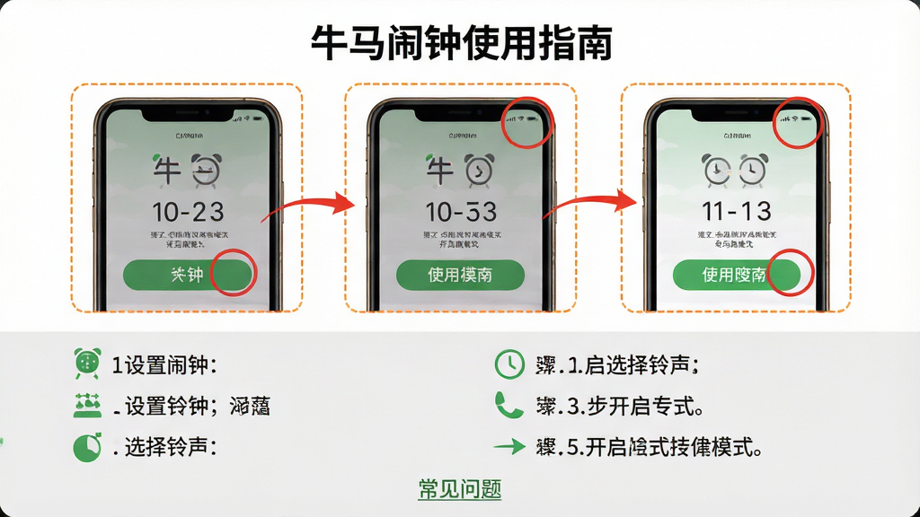 主体:手机屏幕上显示牛马闹钟的“使用指南”页面,上面用图文形式展示了设置闹钟、选择铃声、开启专注模式等步骤,配以箭头和指示线。布局:页面分为上下两部分,上半部分为手机操作截图,下半部分为文字说明,背景为浅灰色,顶部有“牛马闹钟使用指南”标题。排版:步骤说明以编号列表呈现,每一步配有简洁的图标,整体清晰直观。风格:清新简约风格,色彩以白色和绿色为主,按钮和图标为圆角设计。细节:每一步骤的截图周围有橙色虚线边框,重点操作区域用红色圆圈标注,底部有“常见问题”链接。画质:高分辨率,画面干净,无多余元素。