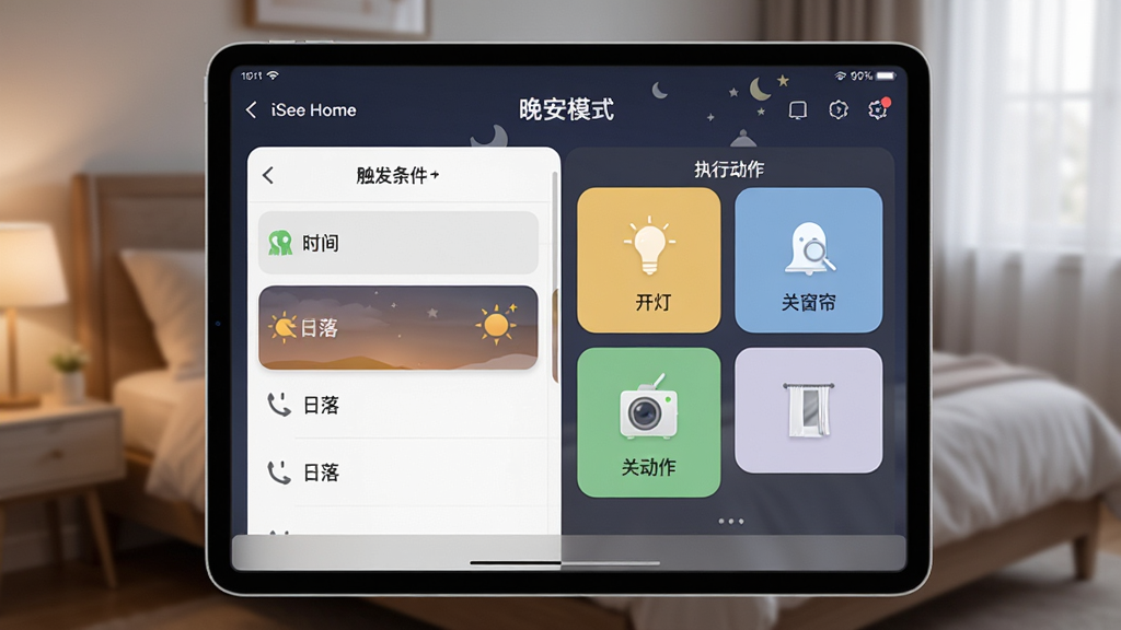 һ��ƽ�����չʾ��iSee Home���ĳ����༭���棬����Ǵ��������б�����ʱ�䡢���䣩���Ҳ���ִ�ж�����Ƭ���翪�ơ��ش���������Ļ�Ϸ��С�����ģʽ���ı��⣬������ģ�������һ�����������ͣ����������קʽ�������ɫ�����£�ϸ�ڱ������߷ֱ��ʣ��ɾ��޶���Ԫ��