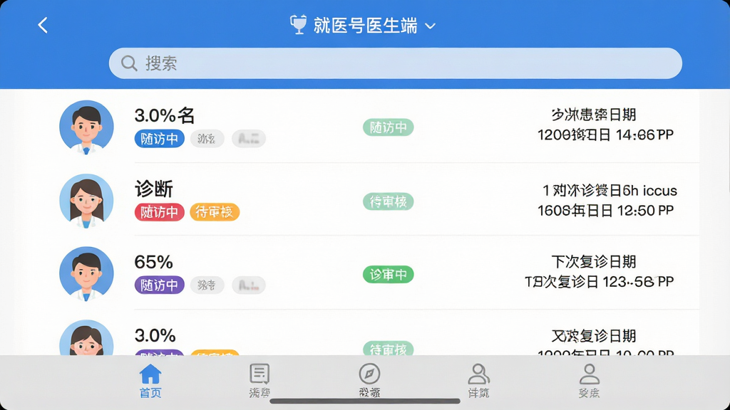 ���壺����ҽ��ҽ���ˡ��ֻ�Ӧ�ý����ͼ���չʾ�����б�ҳ�棬������������ϱ�ǩ���´θ������ڡ����֣�����Ϊ�б��ÿ������ǻ���ͷ���Ҳ�����Ϣ���֣��������������Ű棺�б�������ȣ��ײ��л�ɫ����������񣺱�ƽ��UI��ƣ���ɫ��ɫ����ϸ�ڣ��С�����С�������ˡ���ɫ��ǩ��ͷ��Բ�Ρ����ʣ����壬�ɾ����޶���Ԫ�ء�
