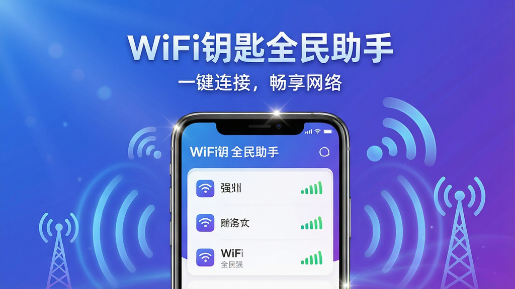 ���壺WiFiԿ��ȫ������APP����չʾ���ֻ���Ļ����ʾ����WiFi�б����ź�ǿ��ͼ�ꡣ���֣��ֻ����У���Ļ���������ɼ�����Χ���������粨�ƺ��ź���Ԫ�ء��Ű棺�����⡰WiFiԿ��ȫ�����֡�λ���ֻ��Ϸ��������⡰һ�����ӣ��������硱λ���·�������ִ��Ƽ��У�����ɫ���䱳��������������ϸ�ڣ��߹��ʸУ��ֻ��߿򷴹⣬�����źŶ�̬Ч�������ʣ�4K���壬�ɾ��޶���Ԫ�ء�