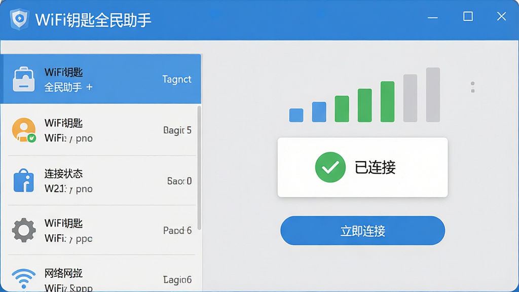 ���壺WiFiԿ��ȫ���������������ͼ��չʾ�������ӳɹ�ҳ�档���֣��������Ϊ�����б����Ҳ�Ϊ����״̬���飬�ײ��С��������ӡ���ť���Ű棺�Ϸ���ʾ��WiFiԿ��ȫ�����֡��������м�Ϊ�ź�ǿ����״ͼ����񣺱�ƽ����ƣ���ɫ��ɫ��������Ϊǳ��ɫ��ϸ�ڣ����ӳɹ�������ɫ�Թ�ͼ�꣬�Ա��С������ӡ����֡����ʣ����壬�޶���Ԫ�ء�