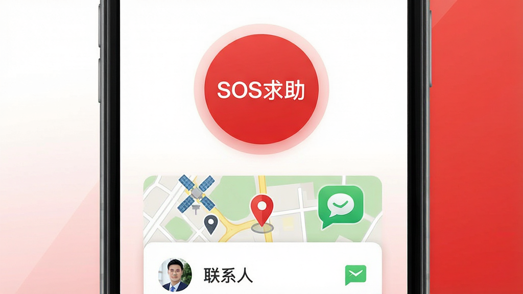�ֻ�Ӧ�ý������ͼ�������к�ɫԲ�δ�ťд�š�SOS���������·��ж�λ��ͼ����ϵ���б������岼����������ťͻ��������Ϊ��ɫ���ɫ���䣬����ƽ����ƣ�ϸ��չ�����Ƕ�λ�Ͷ��ŷ���ͼ�꣬���ʸ������࣬�޶���Ԫ��