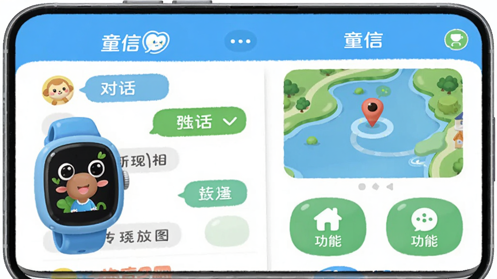 ͯ��APP������Ԥ��ͼ��չʾ��ͯ�ֱ������ֻ���ĶԻ��б�����λ��ͼ�͹��ܰ�ť�����������¿�ͨ��ͼ��Բ��ɰ���ɫ����������ɫ����ɫΪ��ɫ�������岼�ּ��������ͻ����ͯ�š�Ʒ���������ʸɾ����޶���Ԫ��