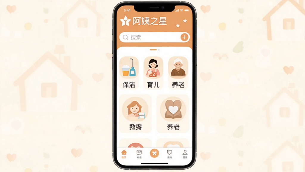 阿姨之星应用主界面展示,整体采用温馨的暖色调设计,界面顶部显示“阿姨之星”品牌Logo和搜索栏,中部为服务分类图标如保洁、育儿、养老等,底部为导航栏。布局清晰简洁,扁平化风格,细节精致,画质干净,无多余元素。