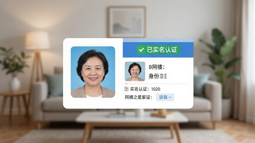阿姨之星家政人员实名认证界面,画面中央展示阿姨的证件照与身份信息卡片,卡片上有“已实名认证”绿色标签,背景为模糊的客厅场景,界面以蓝色与白色为主调。布局居中对称,扁平化设计,细节丰富,画质高清,干净无多余元素。