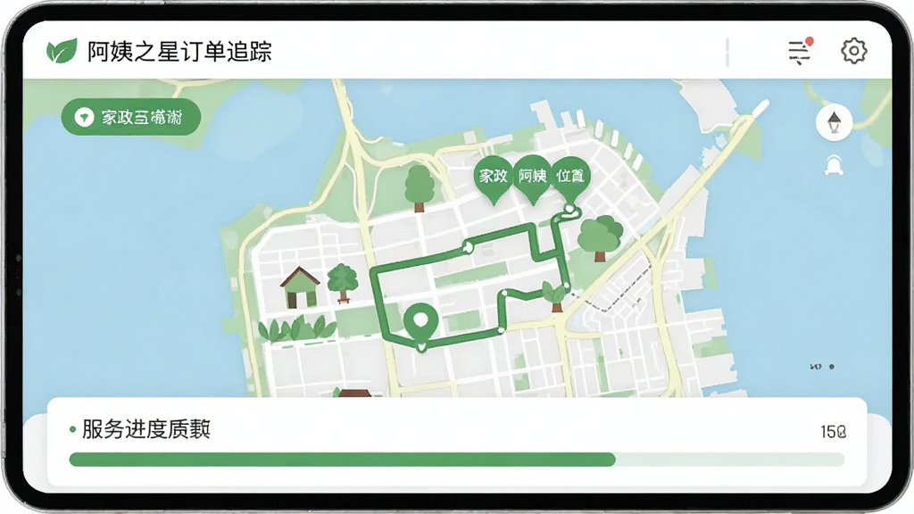 阿姨之星订单追踪界面,展示地图路线与家政阿姨当前位置标记,下方有服务进度条,界面风格清新自然,以绿色和白色为主,地图元素丰富。布局合理,扁平化设计,画质干净,无多余元素。