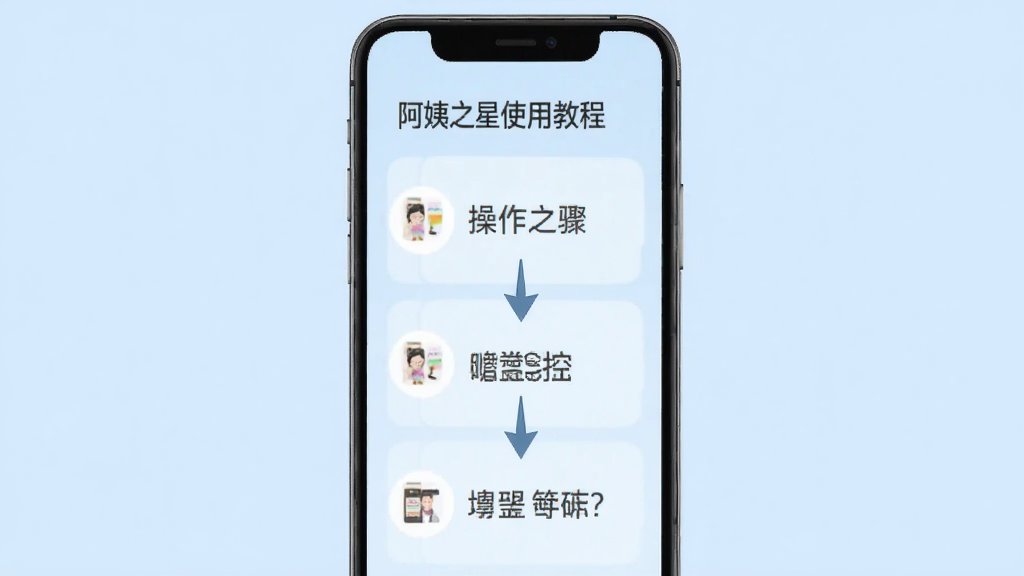 阿姨之星使用教程页面,展示手机屏幕上的操作步骤列表,配以箭头指示,背景为浅蓝色,风格清晰明了。布局从上到下,扁平化设计,画质干净,无多余元素。