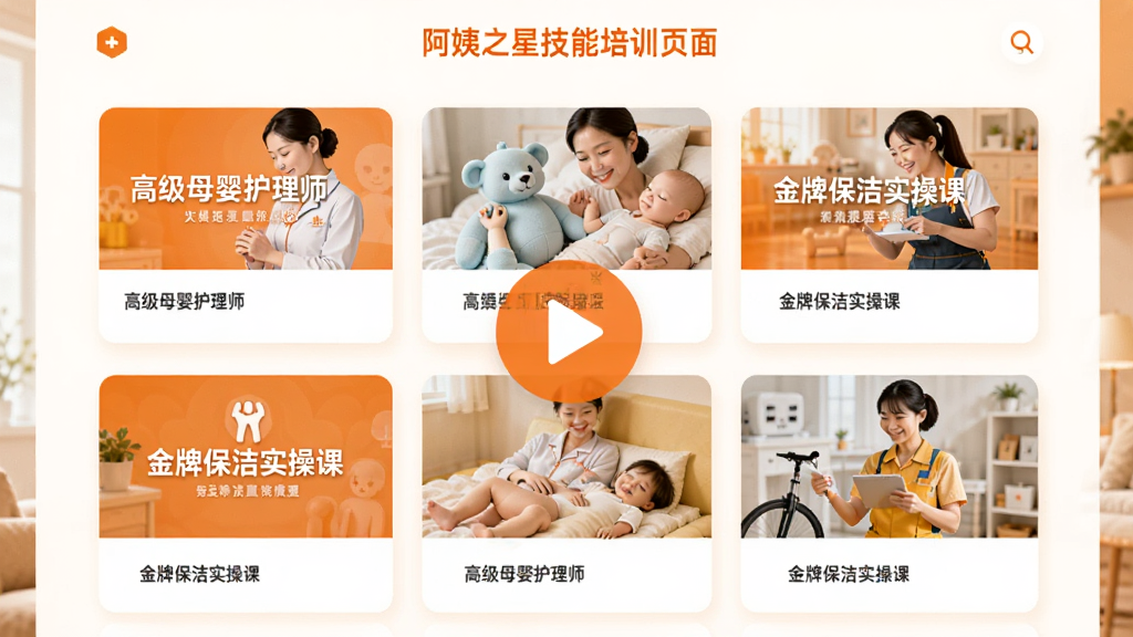 阿姨之星技能培训页面,展示多门课程封面图,如“高级母婴护理师”、“金牌保洁实操课”,页面中央有播放按钮。色彩明快,以橙色和白色为主调,卡片式布局,扁平化风格,画质清晰,无多余元素。