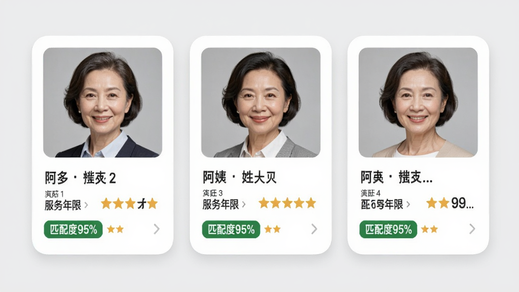 阿姨之星智能匹配结果页面,展示三位阿姨的卡片,每个卡片包含头像、姓名、服务年限与评分,并标注“匹配度95%”等标签。背景为简约的浅灰色,卡片为白色圆角设计,风格清新商务,布局整齐,画质干净,无多余元素。