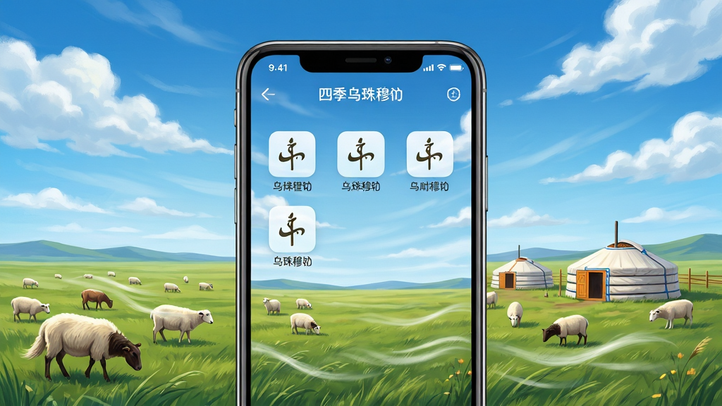 主体:四季乌珠穆沁应用界面在草原背景上的展示效果图。布局:画面中央为手机屏幕特写,屏幕内展示APP主界面,四周环绕着蓝天白云下的草原、羊群和蒙古包。排版:手机位于视觉中心,背景草原延伸至远方,地平线清晰。风格:写实与插画结合,色彩明亮,富有草原气息。细节:手机屏幕中可见蒙古文菜单图标,界面设计简洁,背景有风吹草地的动态感。画质:4K超高清,干净,无多余元素。