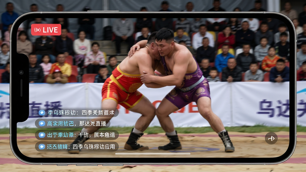 主体:四季乌珠穆沁应用中的那达慕直播画面。布局:画面主体为手机横屏直播界面,正在播放摔跤比赛,屏幕下方有弹幕滚动。排版:直播画面占据屏幕大部分,左上角有“LIVE”红色图标。风格:纪实摄影风格,画面动态感强。细节:摔跤手身着传统跤衣,观众席隐约可见。画质:高帧率流畅画质,无多余UI元素。