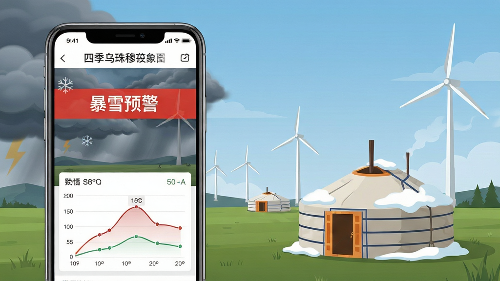 主体:四季乌珠穆沁气象预警功能界面示意图。布局:左侧为手机竖屏界面,右侧配以草原上蒙古包与风力发电机的实景插图。排版:界面中突出显示“暴雪预警”红色横幅,背景为阴云密布的草原。风格:现代扁平化结合自然写实。细节:手机屏幕上温度曲线图清晰可见,右侧插图中蒙古包顶部有积雪。画质:高清渲染,画面干净,无多余元素。