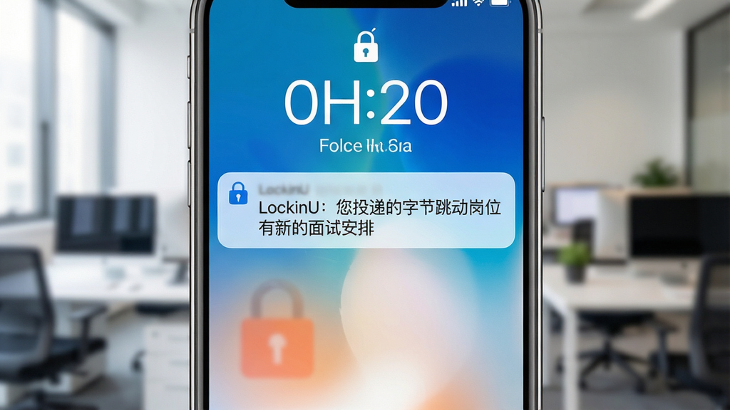 һ��չʾLockinU��ְ���ѹ��ܵ�ͼƬ������Ϊ�ֻ��������棬��Ļ������ʾһ��֪ͨ���������Ϊ��LockinU����Ͷ�ݵ��ֽ�������λ���µ����԰��š�������Ϊģ���İ칫���������־��У�����࣬ɫ���԰�ɫ����ɫΪ����ϸ�����������ʸɾ����޶���Ԫ��