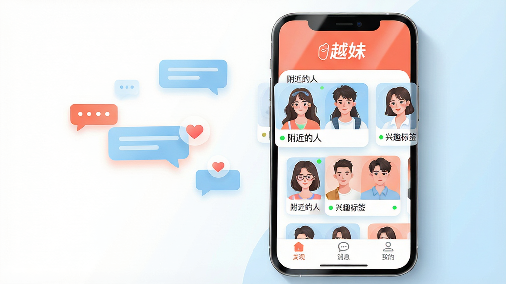 ���壺һ�������������ֻ�����Ļ��չʾ��Խ�á�Ӧ�õ������棬���涥���С�Խ�á�����Logo���·����������Ŷ�λ������Ů������ͷ��Ƭ������״̬�̵㡣���֣��ֻ�����ƫ�ң����������Ư���ĶԻ����ݺͰ���ͼ�꣬�����·��С����֡�������Ϣ�������ҵġ������ײ�����ͼ�ꡣ�Ű棺����Ԫ���������룬��Ƭʽ���֣����к����С�����ִ���ƽ���廭���ɫ�����죬��ɺ���Ⱥ�ǳ��Ϊ��ɫ������Ӱ��͡�ϸ�ڣ�ͷ��Ƭ����ʾ���������ˡ��͡���Ȥ��ǩ������Ļ����΢���⣬��Ե��ϸ�����Ӱ�����ʣ�4k�����壬��Ⱦ��ϸ���ɾ����޶���Ԫ�ء�