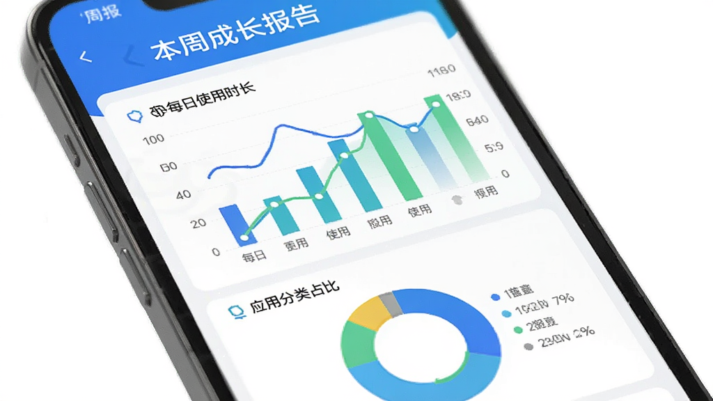 ��������Ϊ�ֻ���Ļչʾ�������ػ����ܱ�ҳ�棬����һ�С����ܳɳ����桱���⣬�·�Ϊ��״ͼ������ͼչʾÿ��ʹ��ʱ���仯���ײ���Ӧ�÷���ռ�Ȼ���ͼ����������ɫ����ɫΪ��ɫ�����������ף�ͼ�����������ʸɾ�רҵ