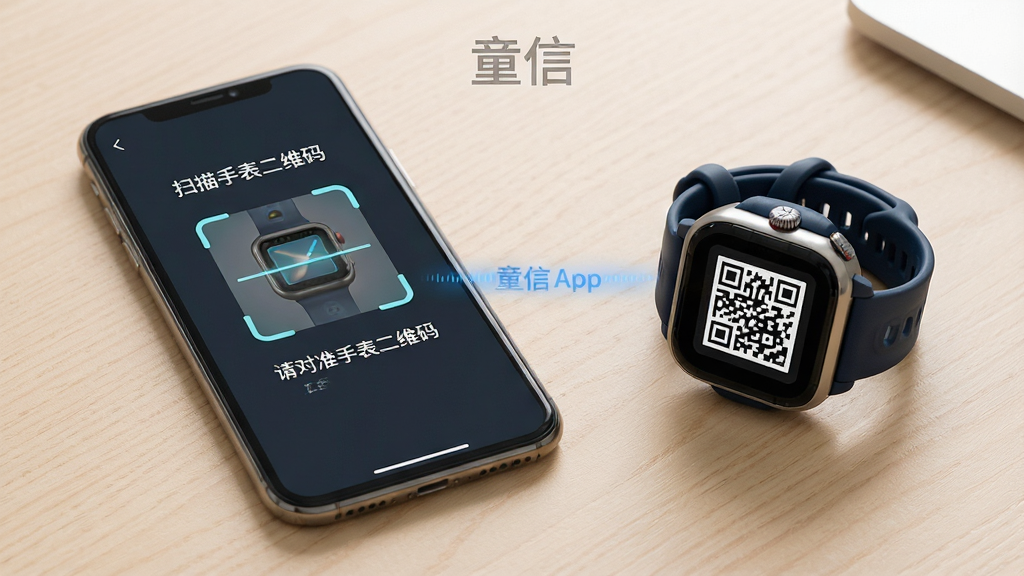 ���壺ͯ��App���ֻ��ϵİ��豸����ҳ����Ļ����ʾ��ɨ���ֱ���ά�롱�Ķ�����ʾ���Ա���һ��ͯ�Ŷ�ͯ�ֱ�ʵ����֣��ֻ����ֱ����Űڷ���ǳɫ���棬�ֻ���Ļ���ϣ��ֱ�ƽ�ţ��������ɾ����Ű棺�ֻ���Ļ��������ʾɨ�������ʾ���֡����׼�ֱ���Ļ�ϵĶ�ά�롱���ֱ���Ļ��ʾһ����ά��ͼ�������дʵ��Ӱ��񣬹��߾�����ͣ��������ľ�Ʋ��ʡ�ϸ�ڣ��ֻ����ֱ�֮����һ���������ɫ�����ߣ��Ϸ��С�ͯ�š�����ˮӡ������ɾ��޶���Ԫ�ء����ʣ�����ϸ�ڷḻ��ɫ����Ȼ���ʸ�ϸ�塣