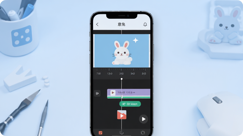 ���Ӿ�չʾ����APP���棬����Ϊ�ֻ���Ļ�ڳ��ּ�����Ƶ�༭ʱ���ߣ�����Ϊ����ɫ���乤��̨���Ű���жԳƣ�����ִ���ƽ����ϸ�ڰ�����Ƭͼ���벥�Ű�ť�����ʸ���ɾ����޶���Ԫ��