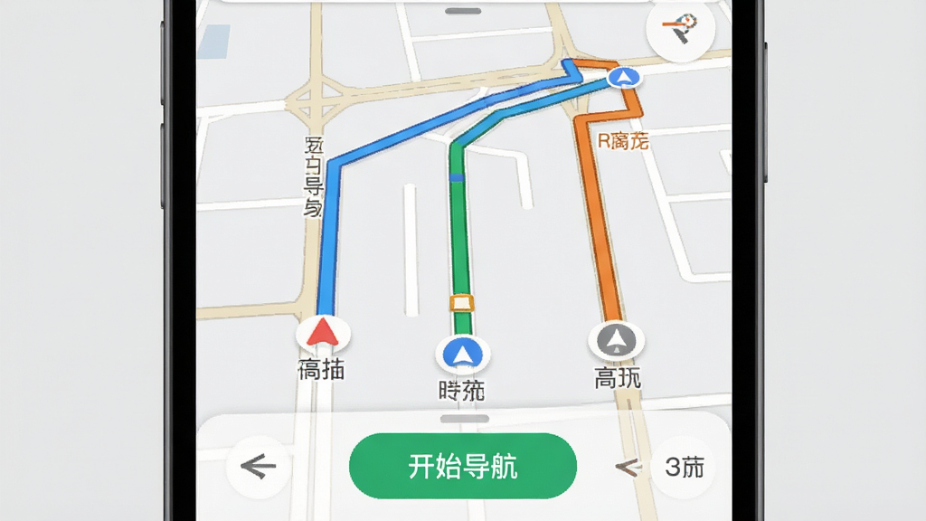 �ߵµ�ͼApp����չʾ·�߹滮������ֻ���Ļ����������ͬ��ɫ��·�߶Աȣ��м��С���ʼ��������ť������Ϊ��ɫǳ�ң�����Ϊ��Ļ��д���У��Ű����������ƽ��UI��ƣ�ϸ�ڰ�����·����������ʶ�����ʸɾ��������޶���Ԫ��