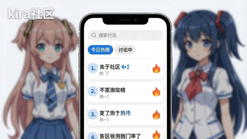 ���壺kira�������Ȱ���ҳ�棬��ʾ�������Ȱ񡱡��������С��ȱ�ǩ���������������б������֣�����չʾ�ֻ���Ļ������Ϊ���������·�Ϊ�б���Ŀ���Ű棺ÿ���������Ϊ�������⣬�Ҳ�Ϊ�����ȶȻ���ͼ�ꡣ�����ˬ����UI����԰�ɫΪ�ף���ɫ��׺��ϸ�ڣ�������ģ���Ķ�����ɫ�����������С�kira������ˮӡ�����ʣ��ɾ��������޶���Ԫ�ء�