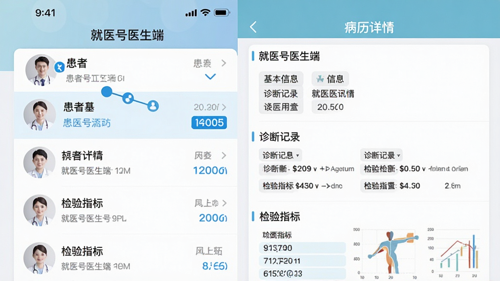 ���壺����ҽ��ҽ���ˡ�APP�����ͼ��չʾ�����б��Ͳ�������ҳ�����֣��������Ϊ�����б����Ҳ�Ϊѡ�л��ߵ���ϸ����������������Ϣ����ϼ�¼�ͼ���ָ�ꡣ�Ű棺��Ϣ���������������С���У��ص���������ɫ��������񣺱�ƽ��UI��Ʒ�񣬷���ҽ������רҵ�С�ϸ�ڣ���Ļ����ʾ����ҽ��ҽ���ˡ�����������ɾ����࣬����ͼ�������ɶ������ʣ����壬ɫ����ͣ��޶���Ԫ�ء�