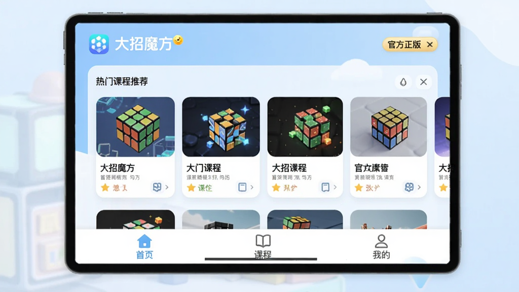 ͼƬչʾ����ħ�������������棬����������͵�ǳ�����ɫ��ɫ�������沼��������������ʾ������ħ����Ʒ��Logo�����ٷ����桱�������м�չʾ���ſγ��Ƽ���Ƭ���·����С���ҳ�������γ̡������ҵġ��ȵײ��������������Ű������򣬷���ִ����£����ʸɾ����޶���Ԫ�ء�
