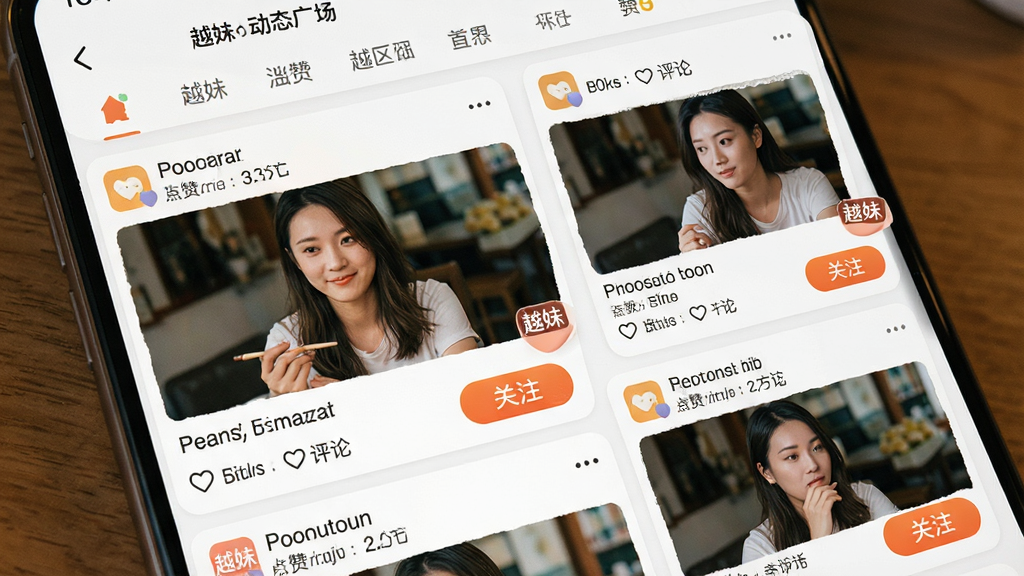 ���壺Խ��App��̬�㳡���ٲ���չʾͼ�����ӡ����֣�������ǩ������Ϣ����Ƭʽ���С��Ű棺ͼƬ�����ֻ��ţ������������������������������磬ɫ����ů��ʵ��ϸ�ڣ��������½Ǵ���Խ�á�С�Ǳ꣬��ע��ť��Ŀ�����ʣ�������Ȼ��Ԫ�ظɾ���