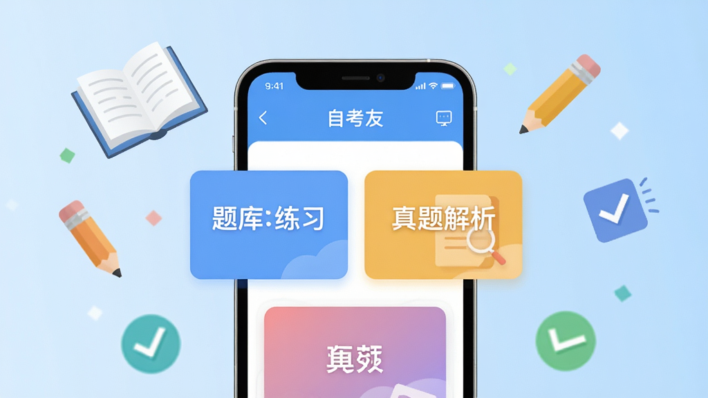 自考友学习软件主视觉图,画面中央是手机屏幕展示自考友APP界面,屏幕内显示“题库练习”“真题解析”等彩色卡片,背景为浅蓝色渐变,周围漂浮着书本、铅笔、对勾等学习元素,整体风格清新明亮,扁平化设计,细节丰富,画质高清,干净无多余元素。