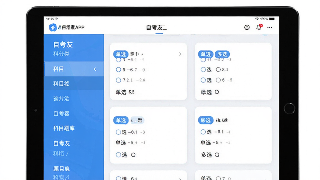 自考友题库界面截图风格预览图,主体是平板电脑展示自考友APP题库列表,左侧是科目分类栏,右侧题目卡片显示“单选”“多选”标签,整体排版整洁,界面以白色和蓝色为主色调,扁平化UI设计,细节清晰,画质高清,干净无多余元素。