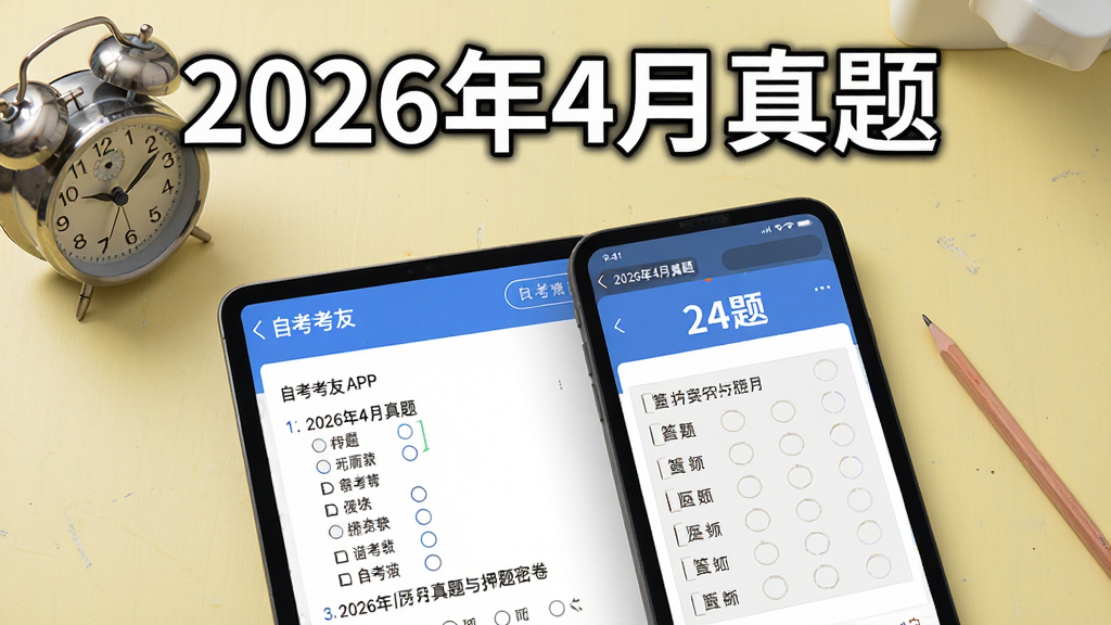 自考友历年真题与押题密卷预览图,画面主体是打开的自考友APP试卷页面,上方显示“2026年4月真题”字样,下方为选择题和答题卡样式,桌面上还有闹钟和铅笔,背景是淡黄色书桌,写实风格结合APP界面,细节丰富,画质高清,干净无多余元素。