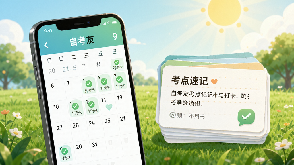 自考友考点速记与打卡界面预览图,画面主体是手机显示自考友打卡日历,日历上有连续打卡标记,旁边是考点速记卡片堆叠效果,背景为绿色草坪和阳光,插画风格,色调清新,细节丰富,画质高清,干净无多余元素。