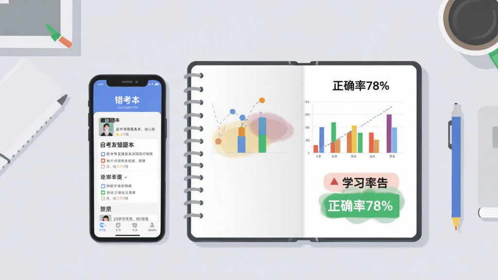 自考友错题本与学习报告预览图,主体是手机和笔记本并排摆放,手机屏幕显示自考友“错题本”界面,笔记本上印有彩色统计图表和“正确率78%”字样,背景为简洁书桌,浅灰色调,扁平插画风格,细节清晰,画质高清,干净无多余元素。