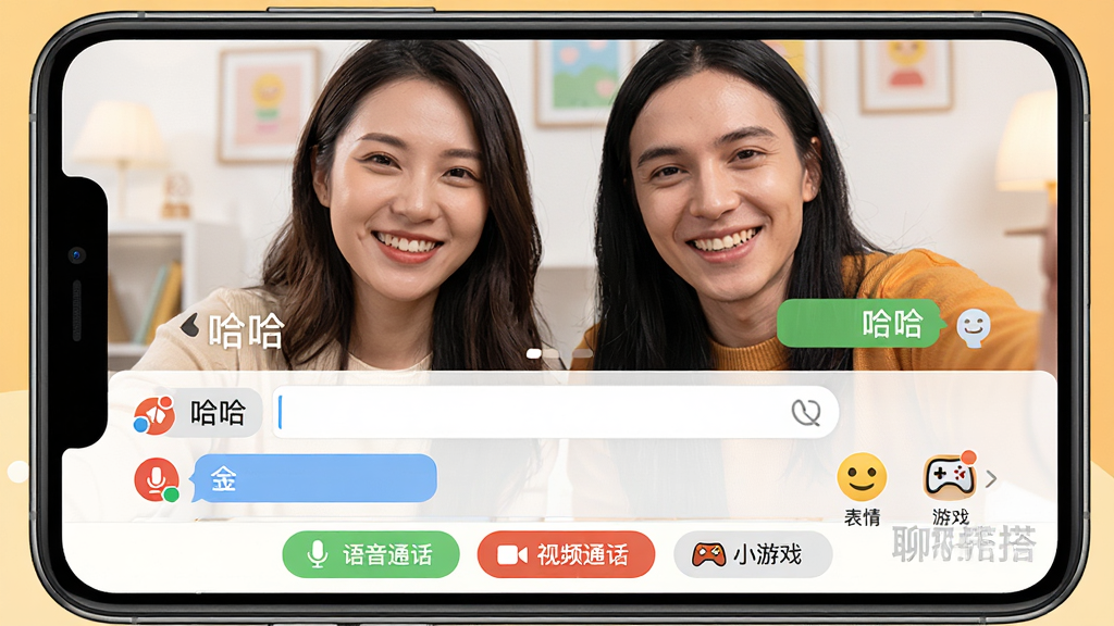 ���壺�Ĵ��������棬��Ļ�ϰ벿����ʾ��Ƶͨ���е������ˣ��°벿�������������͹���ͼ�꣬�������������������顱������Ϸ��ͼ�꣬ͼ���·��С��Ĵ�ˮӡ���������֣���Ƶ����ռ�ϰ������°���Ϊ��Ϣ�б��͵ײ���������������ͼ�������ɱ档�Ű棺������Ϣ�������ҷֲ���ɫ�����֡������ů�������罻������ﻭ��������ϸ�ڣ���Ƶ���������˶��ž�ͷ΢Ц���������С������������֣��ײ��������С�����ͨ����������Ƶͨ��������С��Ϸ����ť�����ʣ����壬�ɾ����޶���Ԫ�ء�