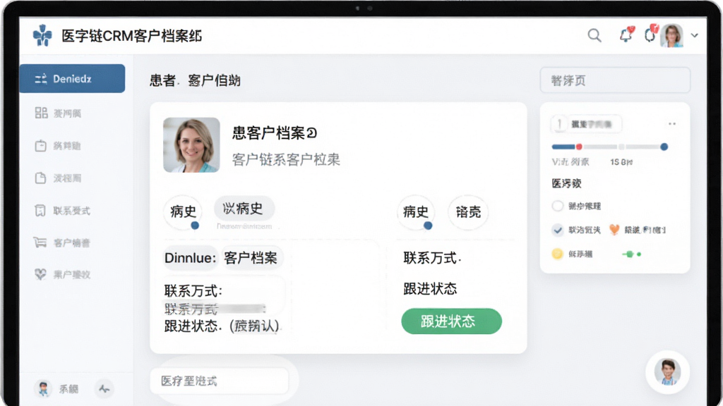 ҽ��CRM�ͻ��������棬��ʾ������ϸ��Ϣ��Ƭ��������ʷ����ϵ��ʽ������״̬��ҽ�Ʒ����棬�߻��ʣ��޶���Ԫ��