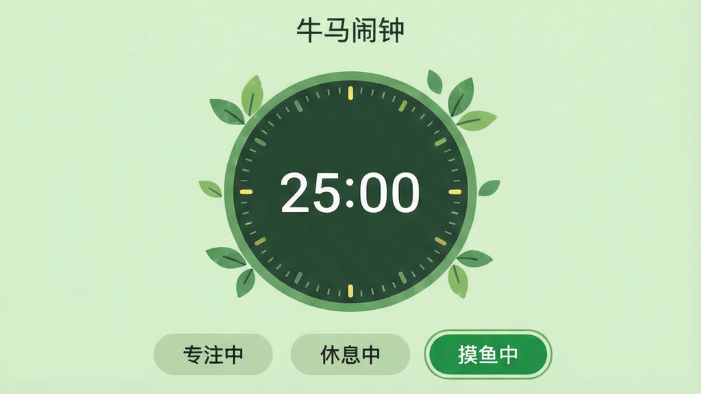 �ֻ�APP�����ͼ����ʾ��ţ�����ӡ��ķ����Ӽ�ʱҳ�棬һ������Բ�ε���ʱ���̣�����������ʾ����25:00�������·���������ť��רע�С�������Ϣ�С����������С������С������С���ť������ҳ�汳��Ϊ����ɫ�������С�ţ�����ӡ����⡣�����Ű������������Ϊ���±�ƽ����ϸ�ڰ���������Ȧ��Ҷ��װ�Ρ����ʸɾ����޶���Ԫ�ء�