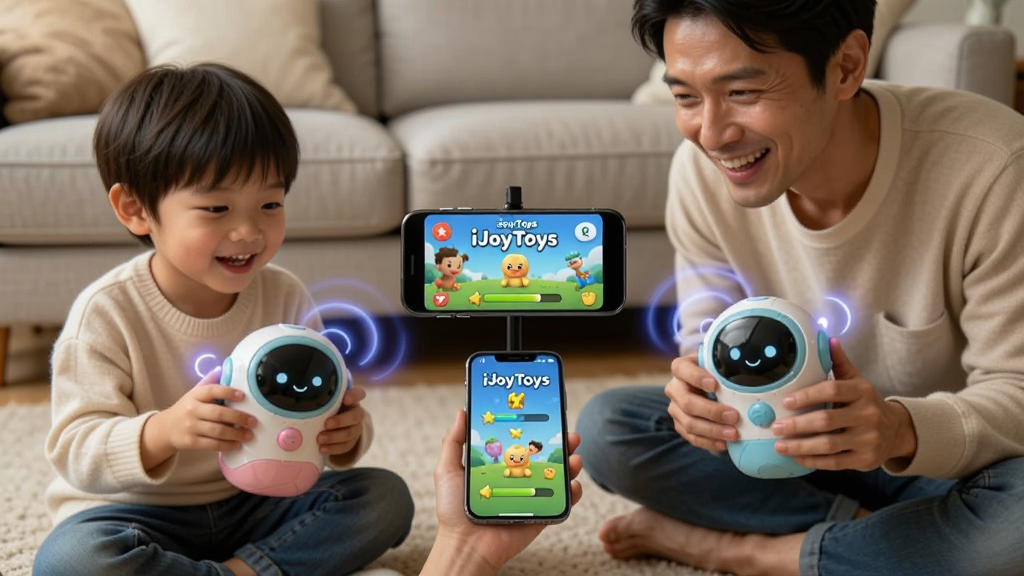 一家人围坐在客厅地板,孩子与父母各持一个智能玩具,手机放在中间播放