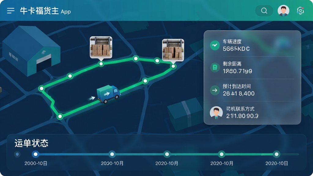 ���壺ţ��������App�Ļ���׷��ҳ�棬��ͼ����ʾһ���Ӳֿ⵽Ŀ�ĵص���ɫ·�ߣ����л����ƶ�ͼ��Ͷ���ڵ��ǡ����֣����Ϊ��ͼ�����棬�Ҳ�������Ϣ��Ƭ��ʾ�����ٶȡ�ʣ����롢Ԥ�Ƶ���ʱ�䣬�ײ�Ϊ�˵�״̬ʱ���ᡣ�Ű棺��ͼռ����70%����Ϣ��Ƭ���ð�͸��ë����Ч����ʱ���������г����ڵ�ʱ�䡣����ִ��Ƽ��У�����ɫ������ͼ���������UIԪ�ؾ��¡�ϸ�ڣ�����ͼ����з����ͷ���ڵ㴦�л�����Ƭ����ͼ����Ƭ��ʾ˾����ϵ��ʽ�����ʣ������廭�ʣ�ϸ������������ɾ�רҵ��