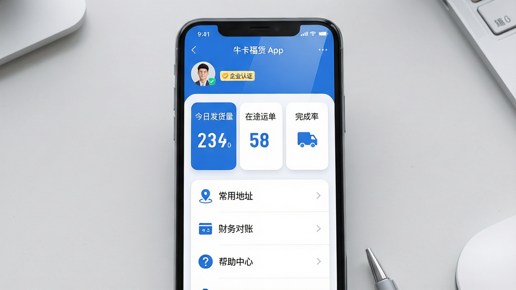���壺�ֻ���Ļ��ʾţ��������App�ġ��ҵġ�ҳ�棬��������ͳ��ͼ���͹��ܲ˵��б������֣��ֻ���Ļ�������У�����Ϊǳ��ɫ���棬��Ļ���������ɼ���ҳ�涥����ʾ�û�ͷ��͡���ҵ��֤����ʶ���Ű棺ͳ�������ÿ�Ƭʽ��ƣ�չʾ���շ���������;�˵���������������֣��·��˵��С����õ�ַ������������ˡ������������ġ���ѡ���񣺼������磬������ɫ����ƬԲ����ͣ�ͼ������������ϸ�ڣ���������ɫ�Ӵ����壬�˵�ͼ���࣬��Ļ����΢������󡣻��ʣ�����ϸ�壬ϸ������������ɾ������ҡ�