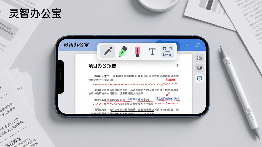 ���壺���ǰ칫���ĵ��༭���棬һ���ֻ�����չʾPDF��ע���ܣ���Ļ�г��֡����ǰ칫�����������������ʡ�ӫ��ʡ����ֿ�ͼ�ꡣ���֣��ֻ����У�����Ϊǳ��ɫ�칫���棬����ɢ�伸��ֽ���ļ��봥�رʡ��Ű棺�����ͼ�������������������ĵ��Ϸ����������Ʊ�ע�����Ͻǡ����дʵ��UI��Ϸ�񣬽���ϸ�ڷḻ��ɫ���԰ס��ҡ���Ϊ����ϸ�ڣ��ĵ�����Ϊ��Ŀ������ʽ����ע���к�ɫ�����ߣ����ر��ڽ��ֻ��Ҳࡣ���ʣ�������Ⱦ��������ͣ��޶���Ԫ�ء�