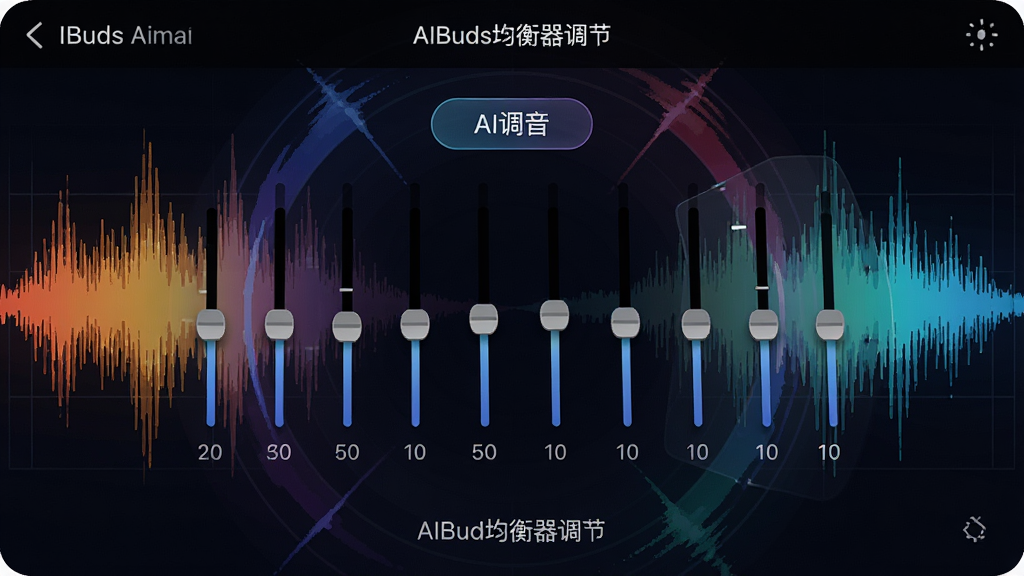 ���壺AIBuds���������ڽ�����д����Ļ����ʾ10��Ƶ�ʻ��飬����Ϊɫ�ʰ�쵵�����Ƶ�׶�̬Ч�������Ϊ�Ƽ���UI��ƣ��Ű������ķ���״�ֲ���ϸ�ڰ�����AI��������ť������ͺ����֣����ʸ���ɾ��޶���Ԫ�ء�