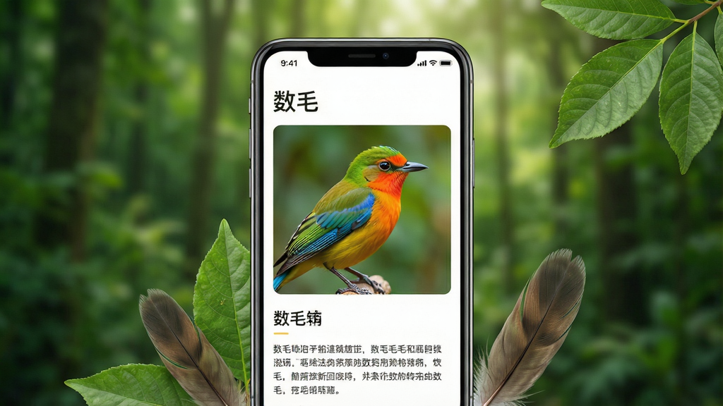 һ���������µ���Ȼ������APP������ͼ������Ϊ�ֻ���Ļչʾ��ë�������棬��������ʾһֻɫ�����޵�������Ƭ����ϸ�Ŀ������֣�����Ϊ�黯��ɭ����ֲ�����ֲ��þ��й�ͼ���ֻ����������ڻ������룬��Χ��׺��Ƭ��Ҷ����ë���Ű���󷽣����дʵ�Ҹ���������ϸ�ڰ�����Ļ�ϵ�Ӧ�����ơ���ë�����������ɼ������ʸ���ɾ����޶���Ԫ��