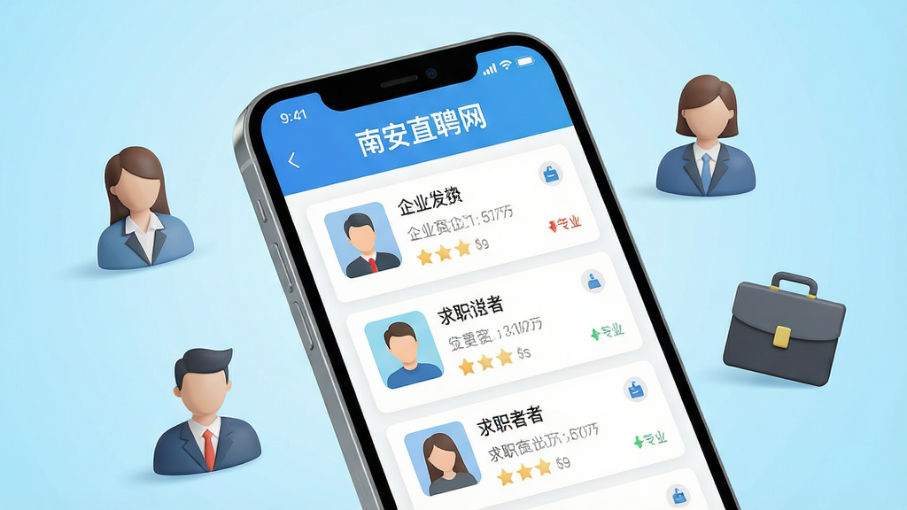 ��������Ϊһ�������ֻ���Ļ��д����Ļ��������ʾ���ϰ�ֱƸ����APP���棬����������ҵ�б�����ְ��ͷ����Χ���Ƽ�Լ��ƽ����������ͼ���빫�İ�Ԫ�أ�����Ϊ���µ�ǳ��ɫ���䡣���岼������ͻ���ֻ���Ļ���Ű�ɾ���������ϸ����ǿ��ͼ�������У����ʸ���ͨ͸���ɾ��޶���Ԫ�ء�