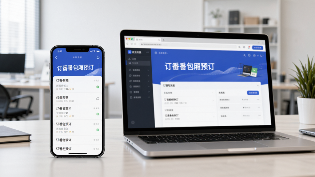 画面主体为一部智能手机与一台笔记本电脑并排放在桌面上,手机屏幕显示“订番番包厢预订”的订单列表界面,电脑屏幕显示同一个应用的网页管理后台,背景为简洁的办公室场景,风格写实,光线明亮,画质清晰,无多余元素。