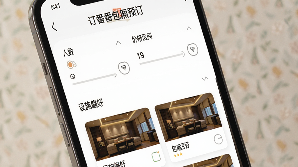 画面主体为手机应用筛选界面,界面中有“人数”“价格区间”“设施偏好”等多个筛选选项,下方显示根据条件筛选出的包厢卡片列表,顶部有“订番番包厢预订”字样,整体布局简约,选项清晰,背景为白色,色彩搭配柔和,画质干净,细节精致,无多余元素。