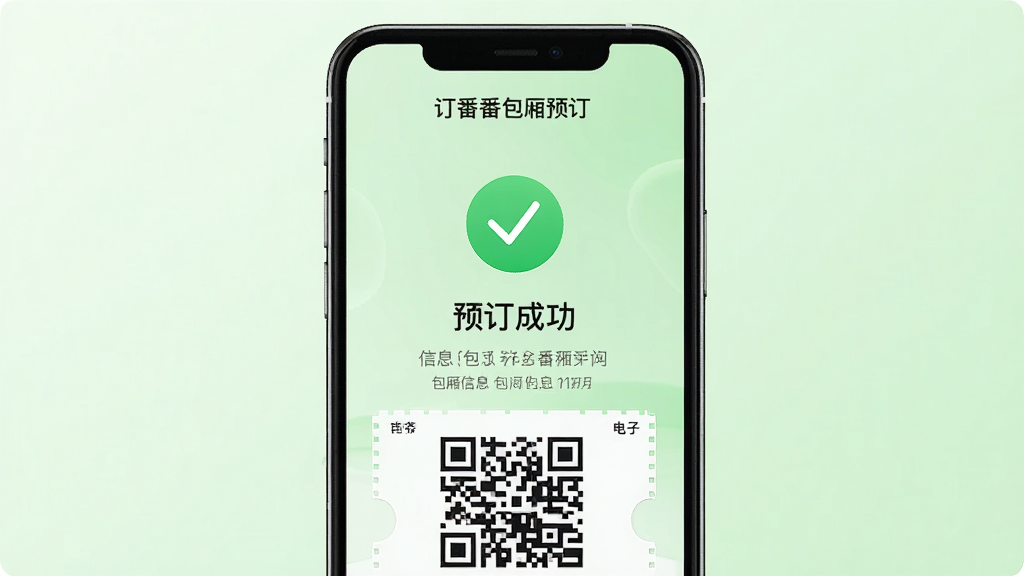 画面主体为手机支付成功页面,页面中央显示绿色对勾图标,下方有“预订成功”文字,并附带包厢信息与二维码电子凭证,顶部有“订番番包厢预订”字样,背景为淡绿色渐变,风格简洁,画质高清,细节清晰,无多余元素。