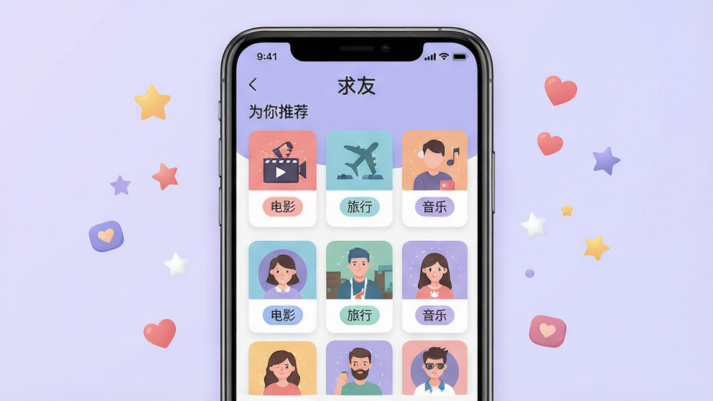 ��������Ϊһ���ֻ���Ļռ�ݻ������ģ���Ļ����ʾ�����ѡ�APP����Ȥƥ��ҳ�棬ҳ�����ж���û���Ƭ��ÿ�ſ�Ƭ�ϱ��С���Ӱ���������С��������֡�����Ȥ��ǩ�������С�Ϊ���Ƽ����������ֻ�����Ϊ����ɫ���䣬����ɢ�������ǺͰ���Сͼ�ꡣ���岼�ֲ������ҶԳƹ�ͼ���ֻ���ĻΪ���㡣�Ű����������򣬿�Ƭ�������롣ͼƬ���Ϊ�ִ���ƽ��UI�廭�磬ɫ����ͣ�ϸ�ڷḻ�����ʸ���ɾ����޶���Ԫ�ء�