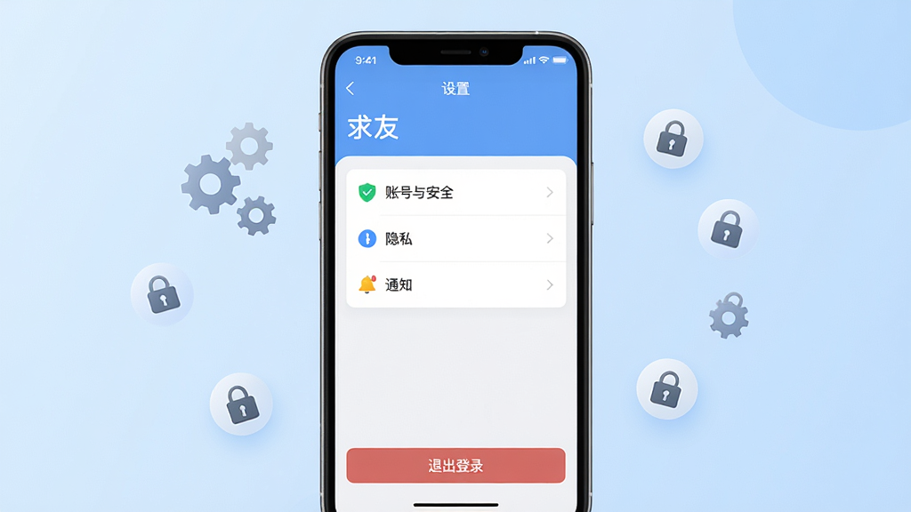 ��������Ϊһ���ֻ���Ļռ�ݻ������ģ���Ļ����ʾ�����ѡ�APP�ġ����á�ҳ�棬ҳ�����С��˺��밲ȫ��������˽������֪ͨ����ѡ��ײ��С��˳���¼����ť���ֻ�����Ϊǳ��ɫ���䣬��Χ�г��֡����ε�Сͼ��Ư�������岼�ֲ��þ��й�ͼ����Ļ���������ɼ����Ű�����ֱ�ۣ�ͼ���������������롣ͼƬ���Ϊ�ִ����UI��ƣ�ϸ�ھ��£����ʸ���ɾ����޶���Ԫ�ء�