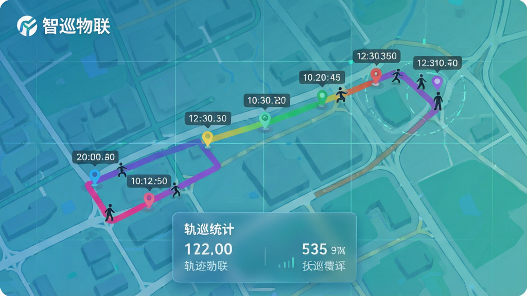 ���壺���ӵ�ͼ����ʾһ����ɫ�켣�ߣ��켣�����ʱ�����ǣ�������Ѳ�����Ķ�λ׷�ٹ��ܡ����֣���ͼռ�������壬���Ͻ���ʾ����Ѳ������Logo���ײ�������Ƭչʾ�켣ͳ����Ϣ���Ű棺��ͼ�������켣����Ŀ����Ϣ��Ƭ��͸�����ڵ��ؼ�·������񣺿Ƽ��У���ͼ���ñ�ƽ����ƣ�����ɫϵ��ϸ�ڣ��켣������С��ͼ���λ�㣬��Χ����΢�����ߡ����ʣ��������ȣ��ɾ����޶���Ԫ�ء�