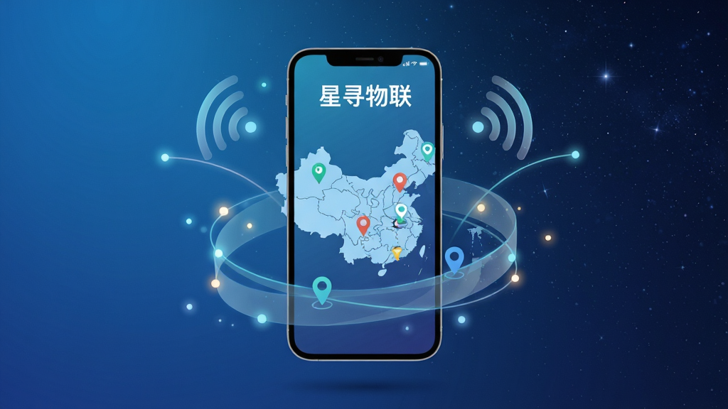 画面主体为一部亮着屏幕的智能手机悬浮于画面中央,屏幕内显示着清晰的中国地图与数个定位目标点,周围环绕着代表信号与连接的半透明线条与光点,背景是渐变的科技蓝与深邃星空,整体布局以手机为中心向四周发散,风格为现代扁平化结合微光效,细节上突出“星寻物联”四个汉字在屏幕顶部,画质高清干净,无多余元素。