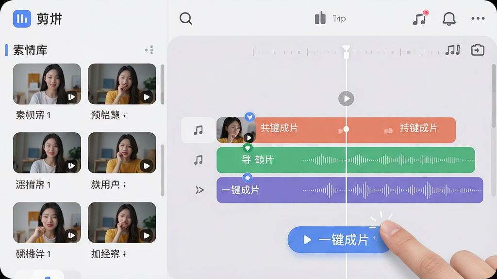 ���壺����App�����ܼ������棬��Ļ�ϲ�����ʾ�����ƵƬ�Σ��ײ��С�һ����Ƭ����ť�����֣�����������ҷ�����ƣ����Ϊ�زĿ�Ԥ�����Ҳ�Ϊʱ���߱༭�����������չ�����Ű棺ͼ������ֱ�ǩ������ʱ���߹���Բ�ͬ��ɫ������Ƶ����Ƶ����Ļ�㡣��񣺼�������UI��ƣ�Բ�ǿ�Ƭʽ���֣�����Ϊǳ��ɫ��ϸ�ڣ�ģ����ָ�����һ����Ƭ���Ĳ�����ʱ�������Զ�����ת����Ǻ����ֲ��Ρ����ʣ�ϸ���������ɾ����޶���Ԫ�ء�