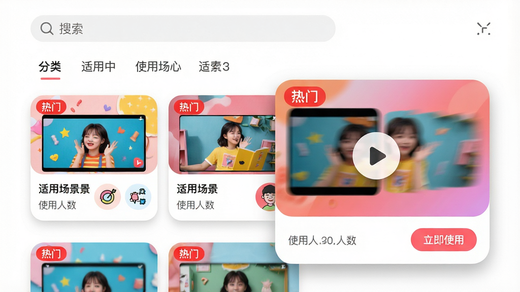 ���壺����App��ģ������ҳ�棬չʾ�����̬ģ������ͼ��ÿ������ͼ���ϽǱ�ע�����š���ǩ�����֣�����״���У����в��֣�ÿ����Ƭ����Ԥ����ͼ�����ó���Сͼ�ꡣ�Ű棺ҳ�涥�����������·������ǩ���򻬶�����Ƭ�ײ���ʾʹ�������͡�����ʹ�á���ť����񣺻�����Ƥ��ɫ�ʷḻ����Ƭ����Բ����Ӱ��ơ�ϸ�ڣ�����һ��ģ�忨Ƭ�Ŵ���ʾ��ģ�ⲥ�Ű�ť�������г��ֶ�̬ת��Ч�������ʣ����壬�ɾ����޶���Ԫ�ء�